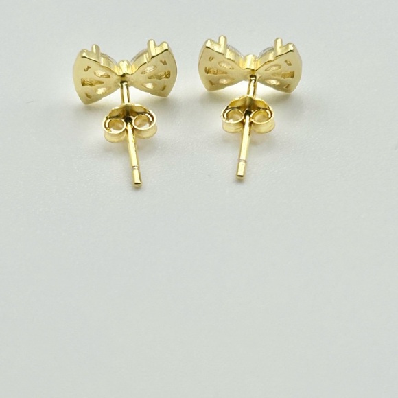 Elegant Gold Bow Zircon Earrings 925 Sterling Silver Posts - Picture 4 of 6